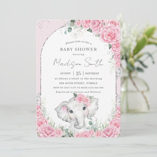 Chic Pink Floral Sweet Elephant Baby shower Kaart (Staand voorkant)