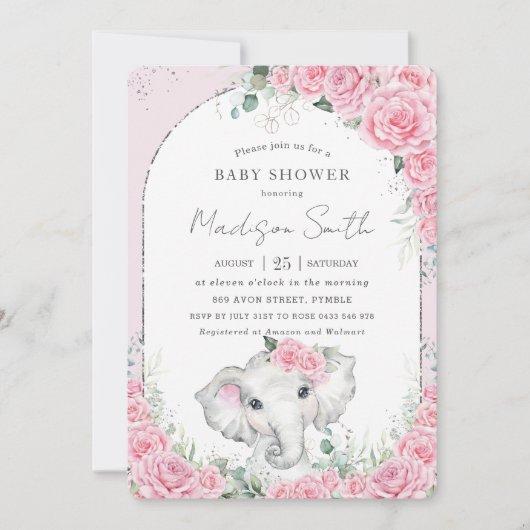 Chic Pink Floral Sweet Elephant Baby shower Kaart (Voorkant)