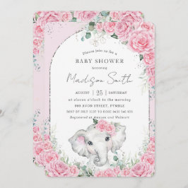 Chic Pink Floral Sweet Elephant Baby shower Kaart