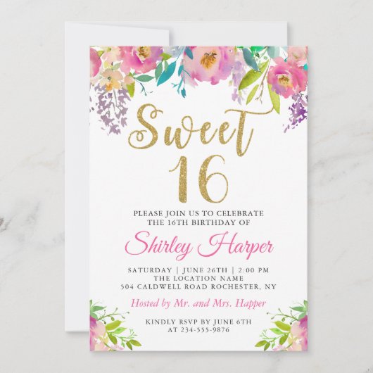 Chic Pink Floral Sweet Sixteen foto van 16 septemb Kaart (Voorkant)