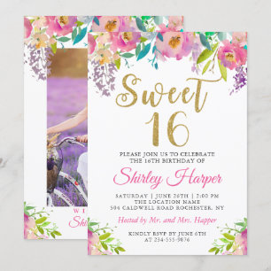 Chic Pink Floral Sweet Sixteen foto van 16 septemb Kaart