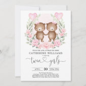 Chic Pink Floral Teddy Bear Twin Girls Baby shower Kaart (Voorkant)