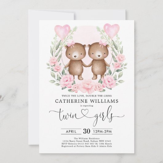Chic Pink Floral Teddy Bear Twin Girls Baby shower Kaart (Voorkant)