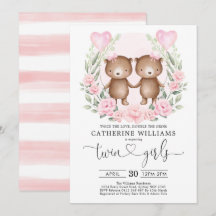 Chic Pink Floral Teddy Bear Twin Girls Baby shower