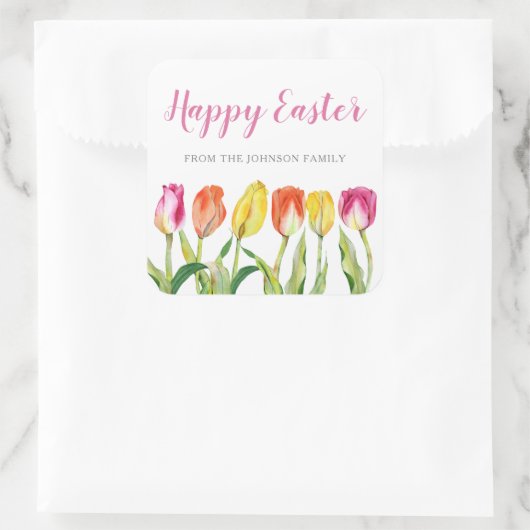Chic Pink Floral Tulips Happy Pasen Vierkante Sticker (Tas)