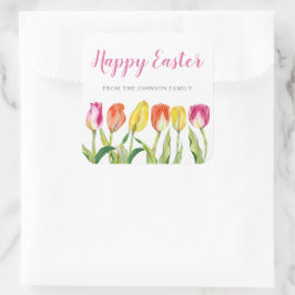 Chic Pink Floral Tulips Happy Pasen Vierkante Sticker