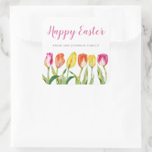 Chic Pink Floral Tulips Happy Pasen Vierkante Sticker
