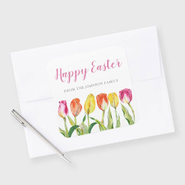 Chic Pink Floral Tulips Happy Pasen Vierkante Sticker