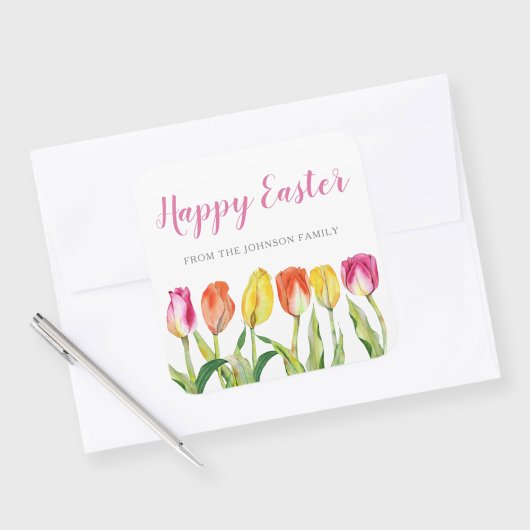 Chic Pink Floral Tulips Happy Pasen Vierkante Sticker