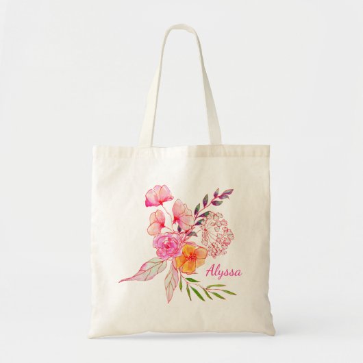 Chic Pink Floral Waterverf Persoonlijke naam Tote Bag (Voorkant)