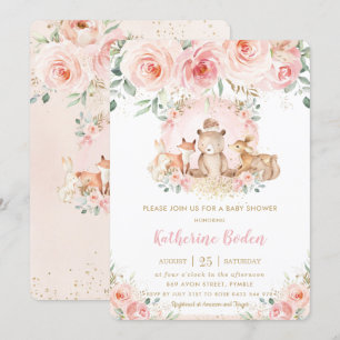Chic Pink Floral Woodland Animals Girl Baby shower Kaart