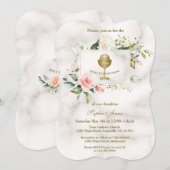 Chic Pink Flowers Frame Girl Marble Holy Communion Kaart (Voorkant / Achterkant)