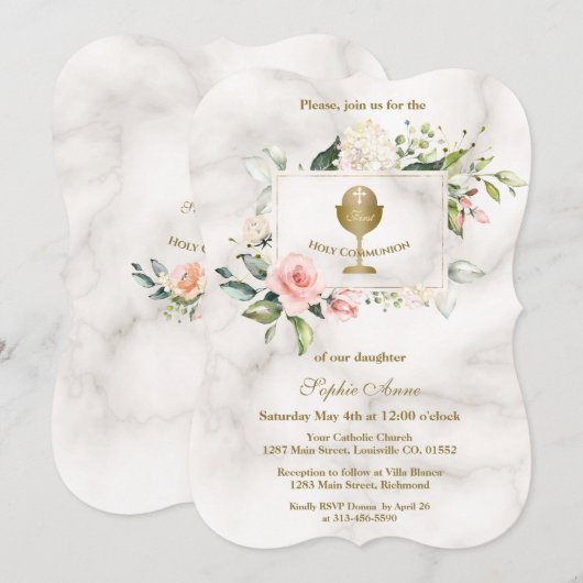 Chic Pink Flowers Frame Girl Marble Holy Communion Kaart (Voorkant / Achterkant)