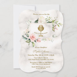 Chic Pink Flowers Frame Girl Marble Holy Communion Kaart