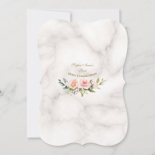 Chic Pink Flowers Frame Girl Marble Holy Communion Kaart (Achterkant)