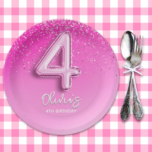 Chic Pink Glitter Balloon 4th Birthday Party Papieren Bordje