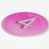 Chic Pink Glitter Balloon 4th Birthday Party Papieren Bordje (Gekanteld)
