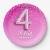 Chic Pink Glitter Balloon 4th Birthday Party Papieren Bordje (Voorkant)