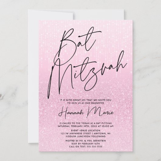 Chic Pink Glitter Bat Mitzvah Kaart (Voorkant)
