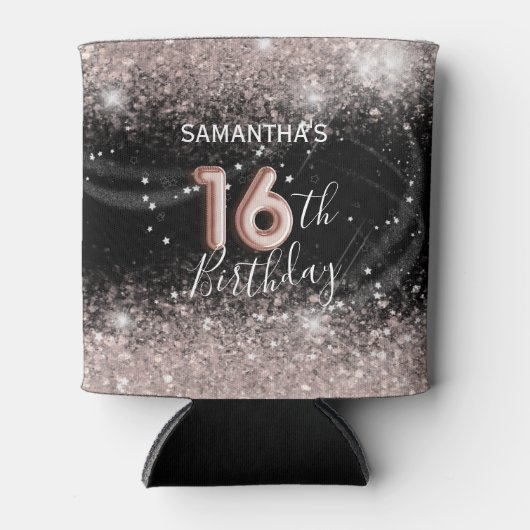 Chic Pink Glitter & Black 16e verjaardag Blikjeskoeler (Voorkant)