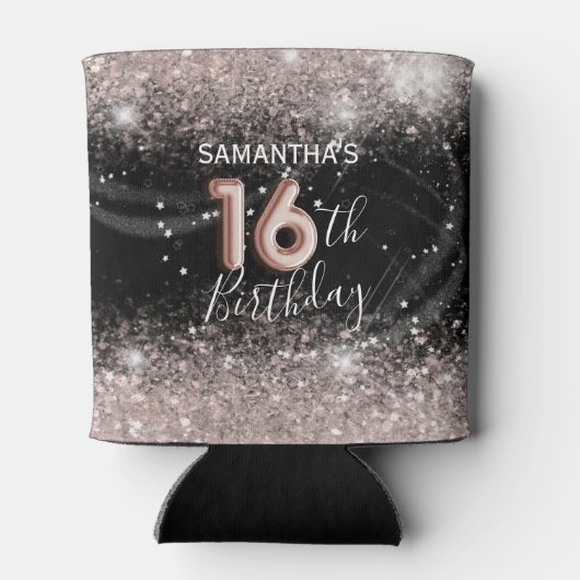 Chic Pink Glitter & Black 16e verjaardag Blikjeskoeler (Achterkant)