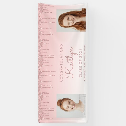 Chic Pink Glitter Drip Two Photo Afstuderen Spandoek (Verticaal)