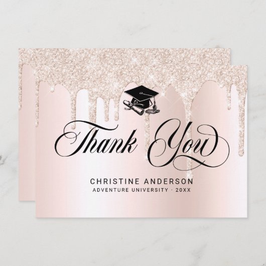 Chic Pink Glitter Drips Zwart Script Afstuderen Bedankkaart (Voorkant / Achterkant)