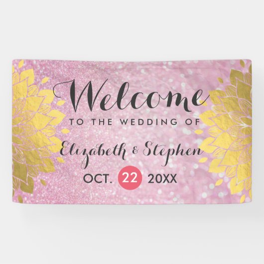 Chic Pink Glitter en Gold Floral Wedding Banner (Horizontaal)