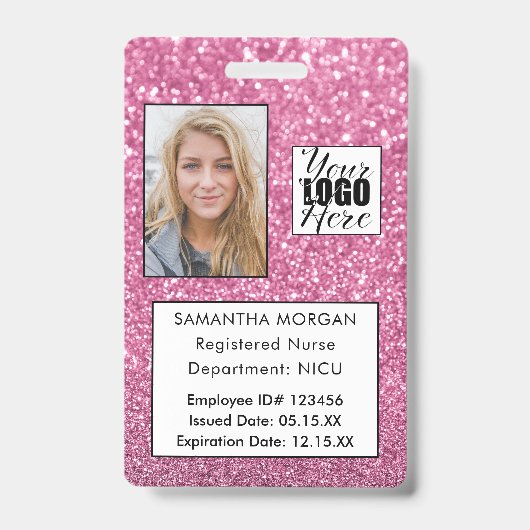 Chic Pink Glitter Foto Logo Employee ID Badge (Voorzijde)