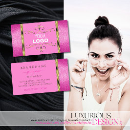 Chic Pink Glitter Gold Border Ornamental met Logo Visitekaartje