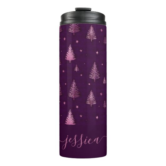 Chic pink glitter purple christmas trees name thermosbeker (Voorkant)