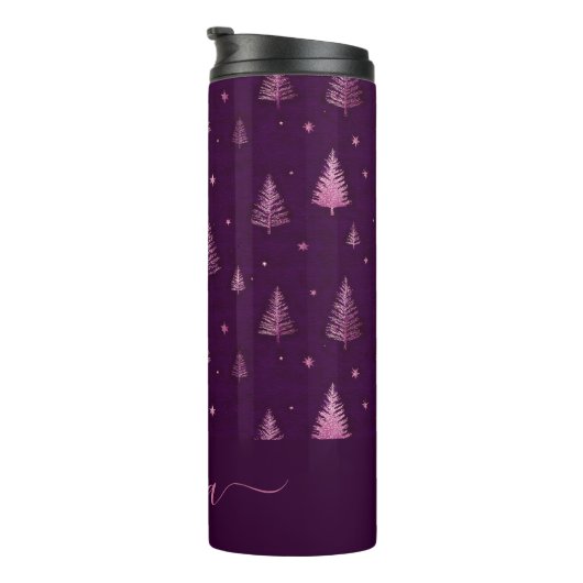 Chic pink glitter purple christmas trees name thermosbeker (Geroteerd rechts)