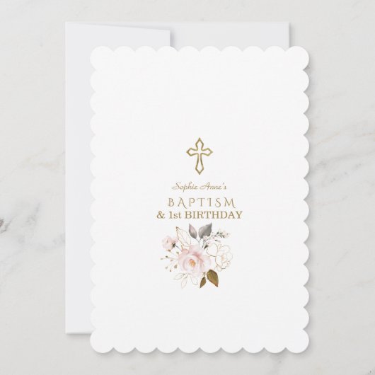 Chic Pink Gold Floral Girl 1st Birthday & Baptisme Kaart (Achterkant)