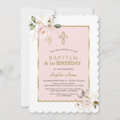 Chic Pink Gold Floral Girl 1st Birthday & Baptisme Kaart (Voorkant)