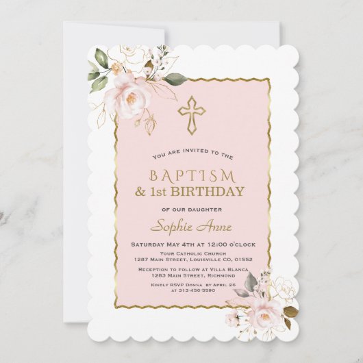 Chic Pink Gold Floral Girl 1st Birthday & Baptisme Kaart (Voorkant)
