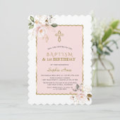 Chic Pink Gold Floral Girl 1st Birthday & Baptisme Kaart (Staand voorkant)