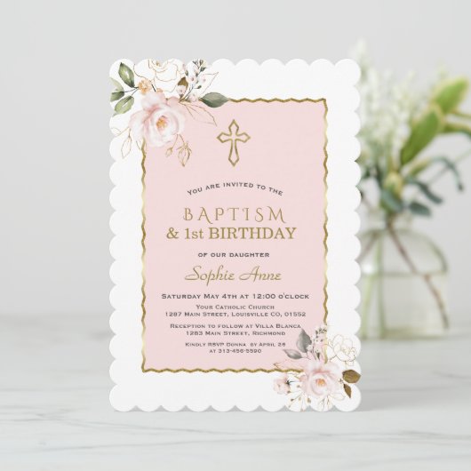Chic Pink Gold Floral Girl 1st Birthday & Baptisme Kaart (Staand voorkant)
