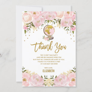 Chic Pink Gold Floral Travel Adventure Baby shower Bedankkaart