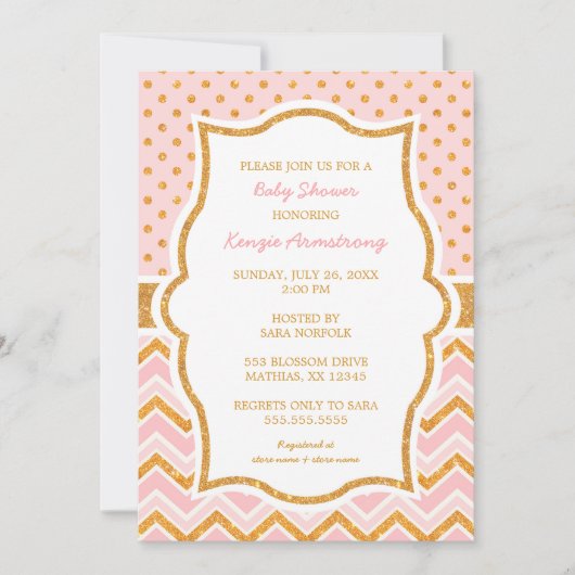 Chic Pink Gold Glitter baby shower nodigt uit Kaart (Voorkant)