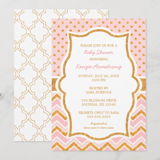 Chic Pink Gold Glitter baby shower nodigt uit Kaart (Voorkant / Achterkant)