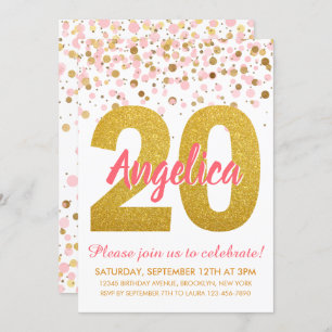 Chic Pink Gold Glitter Confetti Girl 20e verjaarda Kaart