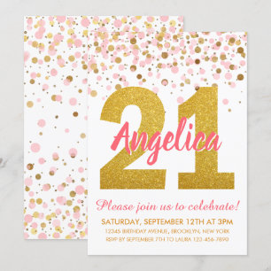Chic Pink Gold Glitter Confetti Girl 21st Birthday Kaart