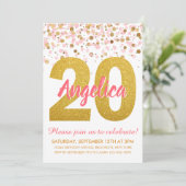 Chic Pink Gold Glitter Confetti Meisje 20e Verjaar Kaart (Staand voorkant)