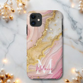 Chic Pink Gold Glitter Marmeren Agaat Monogram Case-Mate iPhone Case