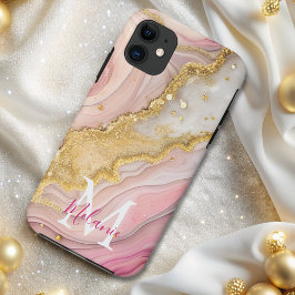Chic Pink Gold Glitter Marmeren Agaat Monogram Case-Mate iPhone Case