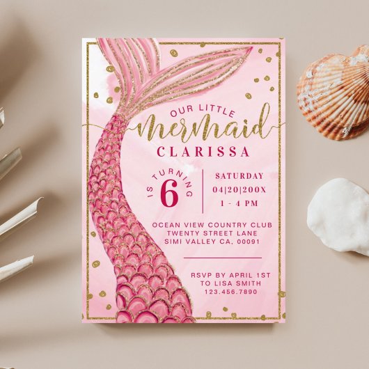 Chic Pink Gold Little Mermaid Birthday Uitnodiging