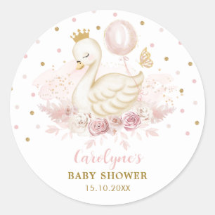 Chic Pink Gold Swan Princess Balloon Baby Girl Ronde Sticker