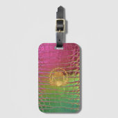 Chic Pink Green Croc Monogram Gold Crest Bagagelabel (Voorkant (verticaal))