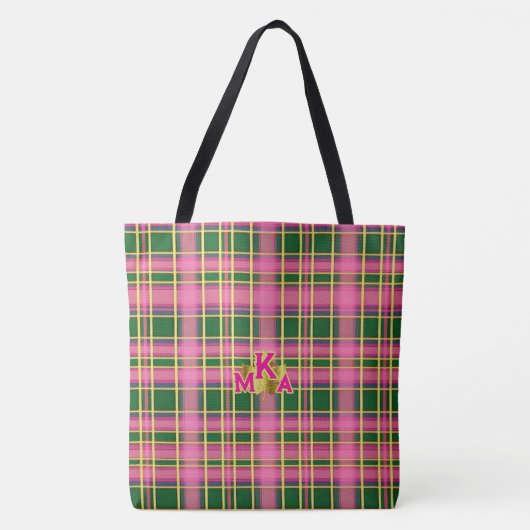 Chic Pink & Green Plaid Tote Bag with Monogram (Voorkant)