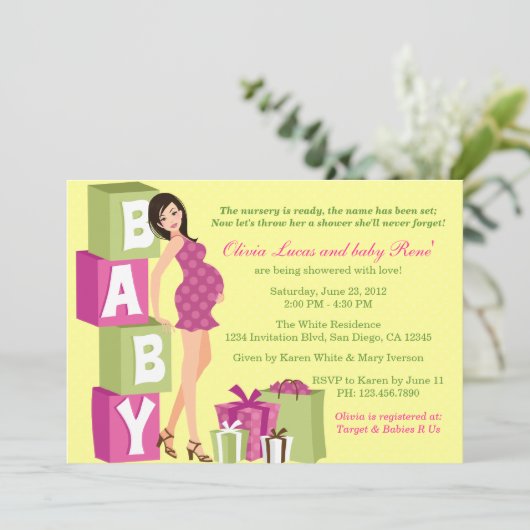 Chic Pink Green Polka Dot Modern Ma Baby shower Kaart (Staand voorkant)